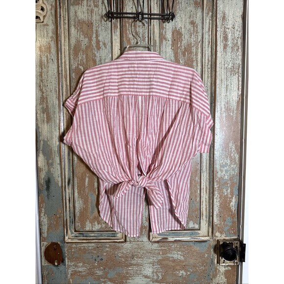 Madewell Women's Button Up Top Large Pink White Stripe Back Tie - Picture 4 of 11